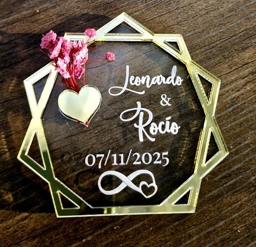 Recuerdo de Matrimonio Geométrico Espejo Dorado con Flores (10 cm)
