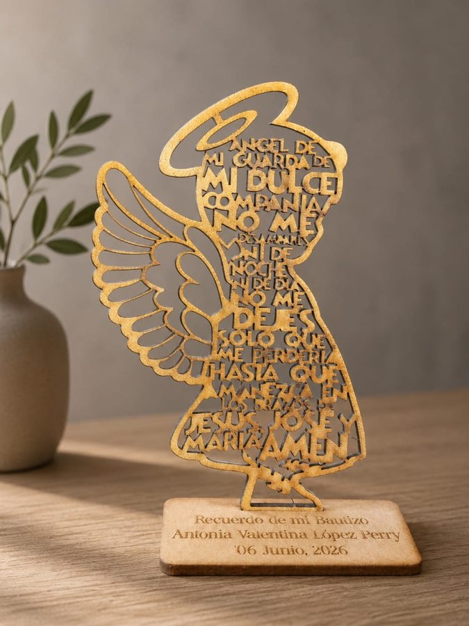 Ángel de la Guarda Calado en Madera - Versión 2 (14x10 cm)